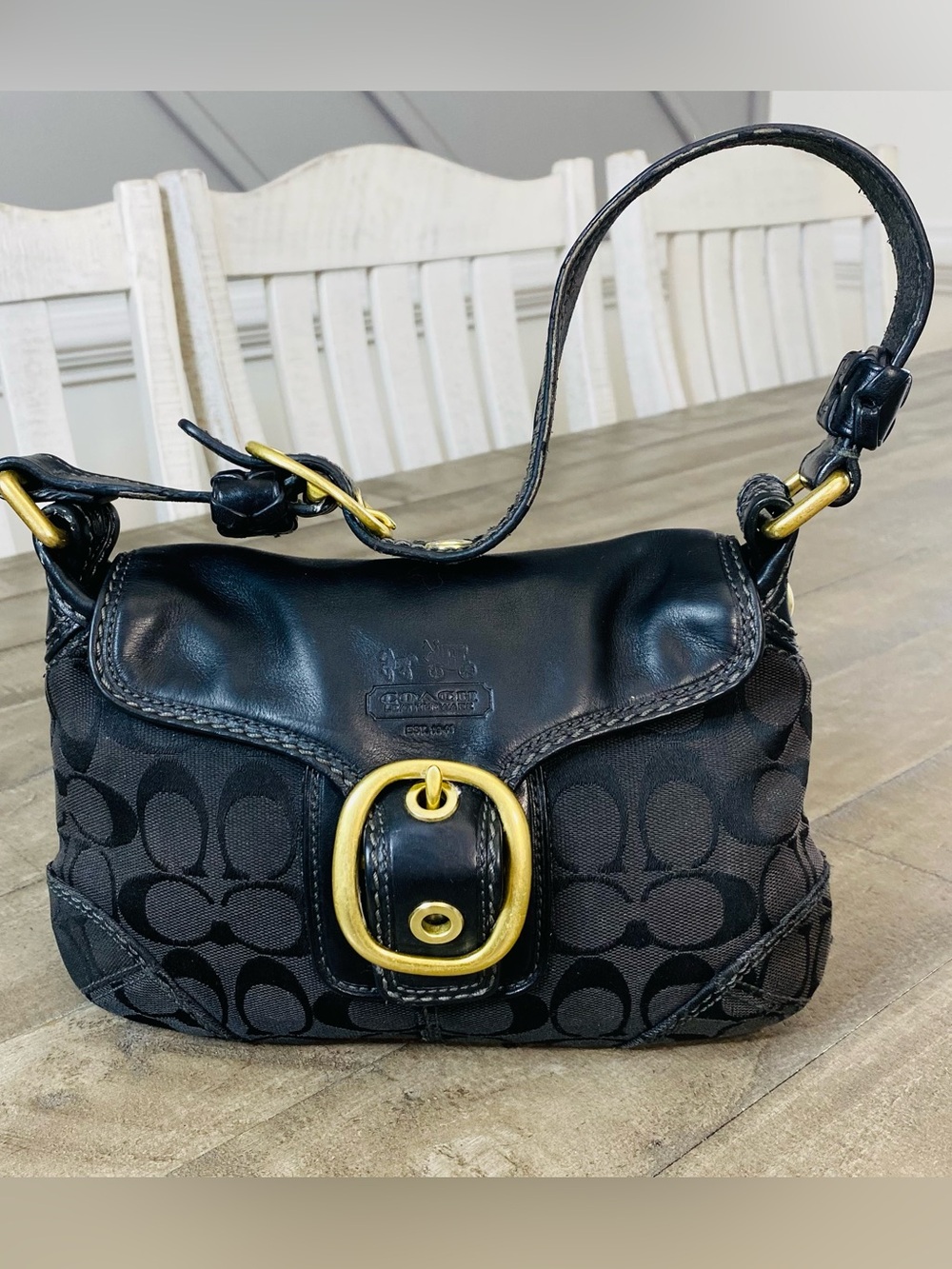 COACH Y2K Vintage Bleecker Signature Small Flap Hobo Bag 11441 Black Brass